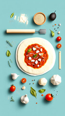 Wall Mural - A flat pizza dough topped with tomato sauce, cheese, and fresh ingredients, surrounded by vegetables and kitchen tools on a turquoise background.