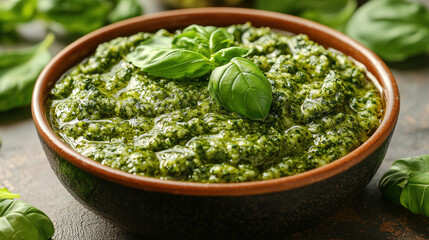 Wall Mural - Homemade basil pesto served in a rustic bowl with fresh leaves on a dark wooden surface. Generative AI