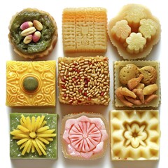 Wall Mural - A selection of decorative traditional square sweets with intricate patterns and colorful designs topped with nuts, AI generated
