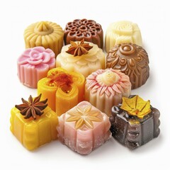 Wall Mural - An assortment of traditional decorative sweets with intricate designs and colorful toppings in various shapes, AI generated