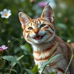 Ravishing hyper realistic portrait of happy ocicat cat in natural outdoor lush with flower in background as concept of modern domestic pet by .