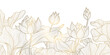 © marylia17 - Vector lotus flower gold background, line art floral pattern, Chinese gold and white wallpaper. Elegant nature drawing, asian leaf ornament