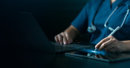 Medical technology with AI system on desktop computer screen. Concept of EMR electronic health monitoring system. Doctors use digital tablet to search electronic health information and network
