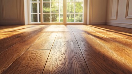 Fototapete - Warm sunlight bathes the polished wooden flooring, creating a mesmerizing play of light and shadows. The inviting atmosphere suggests a calm retreat filled with natural beauty, perfect for relaxation