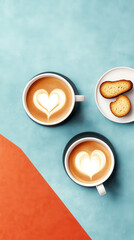 Wall Mural - Two cups of latte art shaped like hearts, accompanied by biscuits, set against a vibrant blue and orange background.