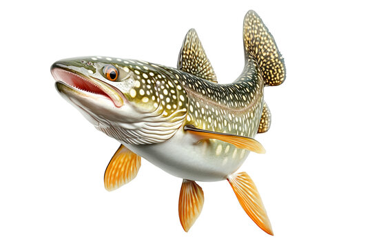 Detailed northern pike fish with spotted scales, fins and sharp jaw isolated on white transparent background, concept of aquatic life