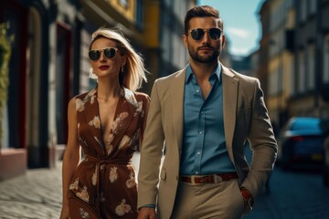 Wall Mural - A man and a woman are walking down a street, both wearing suits and sunglasses