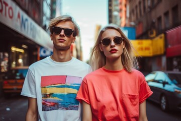 Wall Mural - A man and a woman are standing on a city street, both wearing sunglasses