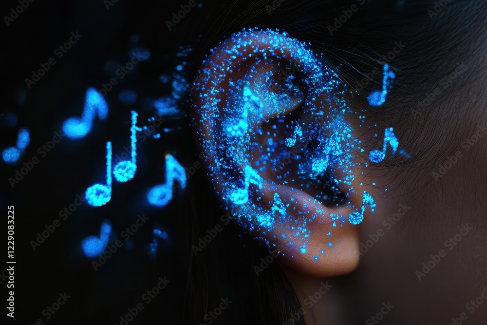 Music notes ascend towards the ear in a vibrant display of sound and ...
