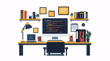 Flat vector design representing IT business in internet-based software development, with coding and digital tools, set on a clean white background.