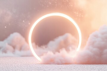 Sticker - A circular halo light gently illuminates a tranquil scene filled with fluffy clouds, creating a mystical atmosphere as twilight approaches. The soft glow adds to the serene environment