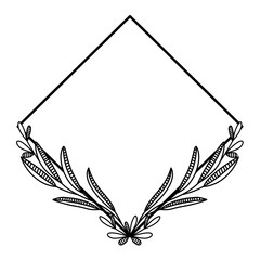 Simple diamond floral frame outline. Minimalist diamond shape frame with floral arrangement lineart.