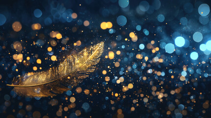 Wall Mural - a shimmering golden feather surrounded by vibrant bokeh lights in gold and blue tones, creating a dr