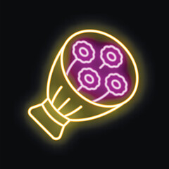 Sticker - Neon illustration representing a bouquet of purple flowers wrapped in yellow paper glowing on a wall