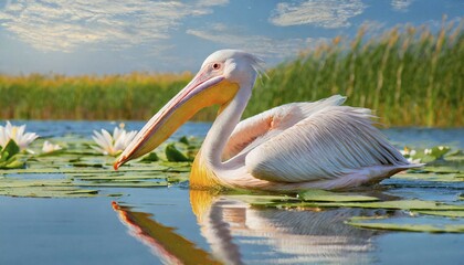 Wall Mural - Ai generated, animal, animals, bird, birds, biotope, habitat, one, individual, swims, waters, reeds, water lilies, blue sky, foraging, wildlife, summer, seasons, dalmatian pelican (Pelecanus crispus)