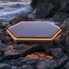 Wall Mural - Jagged rocks beneath a hexagonal podium with glowing borders, viewed closely from the front, shimmer in water.