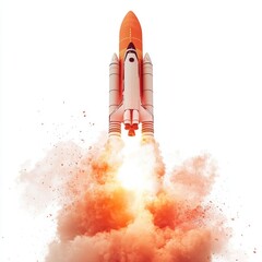 Wall Mural - a red rocket blasting off into the sky, with flames and smoke trailing behind