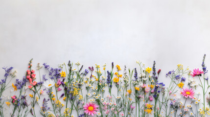 Wall Mural - An arrangement of colorful wildflowers on a white minimalist background, celebrating natural beauty and springtime freshness.