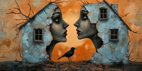 Surreal artwork depicting two faces formed by cracked houses, symbolizing connection and isolation, with a black bird in between