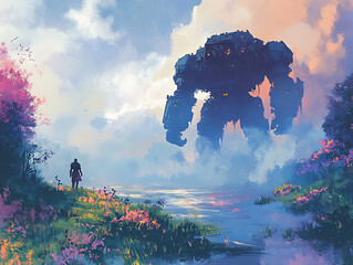 Wall Mural - juggernaut titan walking across a serene landscape with glowing flora and subtle, dreamy haze in the