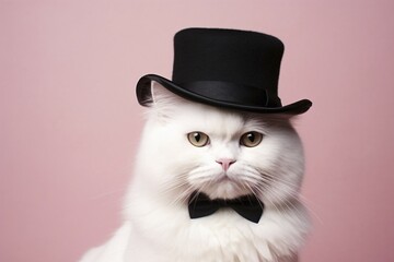 Poster - White cat with black top hat and bow tie on pink background. KI generiert, generiert, AI generated