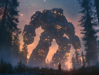 Wall Mural - towering juggernaut titan in the midst of a surreal twilight forest, illuminated by soft, shimmering