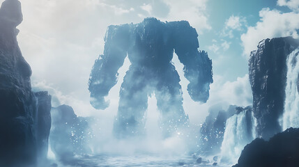 Wall Mural - awe-inspiring juggernaut titan towering over a crystal-clear waterfall, surrounded by mystical mist 