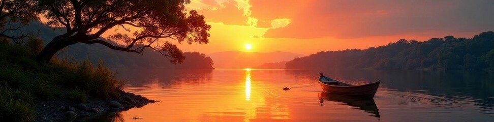 Wall Mural - Sunset over the river with a small wooden boat, wood, tree, branches