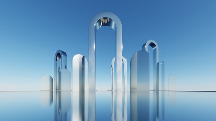 Leinwandbilder - 3d illustration of abstract minimal architecture background, geometric architectural with chrome or metallic arch design