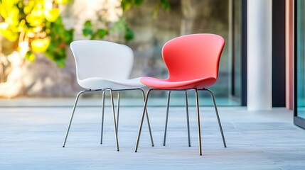 Futuristic outdoor dining chairs with sculpted plastic seats and metal legs