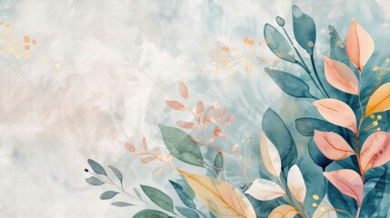Wall Mural - soft watercolor leaves in gentle hues blend harmoniously against a muted background, evoking tranqui