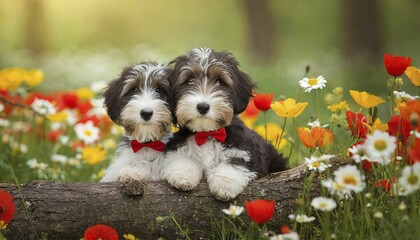 KI generated, animal, animals, mammal, mammals, one, single animal, bobtail, (Canis lupus familiaris), dog, dogs, bitch, dog breed from England, two puppies lying on a tree trunk in a flower meadow