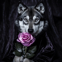 Wall Mural - wolfdog with a pink rose 