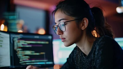 Focused young woman, working on computer programming at night, in a modern tech workspace, technology, IT services, cybersecurity, education
