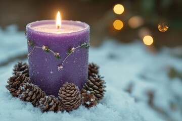 Wall Mural - A single purple candle sits atop a snow-covered ground, evoking a sense of calm and tranquility