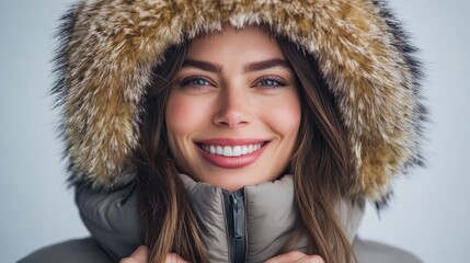 Poster - A happy woman wearing a furry hood, smiling at the camera