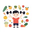 © azi - Happy boy lifting weights surrounded by healthy fruits and vegetables. (1)