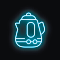 Wall Mural - Blue neon sign of an electric kettle glowing on a black background