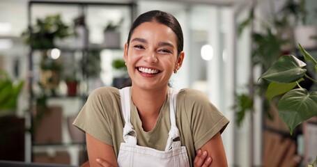 Poster - Women, florist and smile with portrait at shop with pride, career and eco friendly at small business. Person, happy and excited for botany, plants or nursery with sustainability at store in Colombia