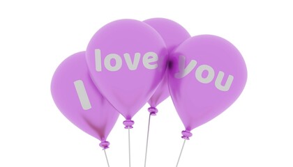 Poster - Four shiny pink balloons with the words I love you on a white background, 3d rendering