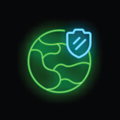 Poster - Neon icon of a shield protecting the earth, symbolizing global security and protection