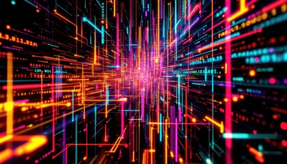 Abstract digital background with glowing lines and data streams.