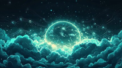 Wall Mural - futuristic blue clouds with starry connections