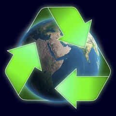 Wall Mural - Illustration of a Recycling symbol over Earth globe Conceptual 3D illustration Environment and ecology concept Isolated on dark blue background