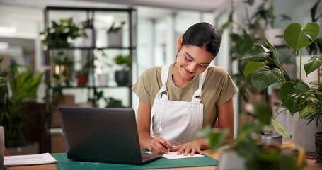 Aufkleber - Laptop, online order and writing with woman in plant nursery for sale of floral arrangements. Computer, documents and flower shop with happy florist at desk in office of small business for delivery