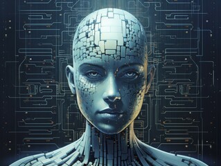 Wall Mural - Human brain, illustration, microchip, processor board, control by modern computer components, symbolic photo. AI generated