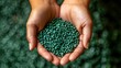 © zuriya - Hands gently holding a handful of green biodegradable plastic pellets, highlighting eco-friendly alternatives to traditional plastics for a sustainable future.