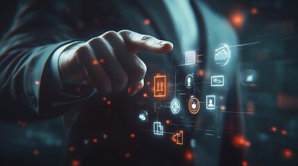 Hand pointing at digital interface showing various icons.