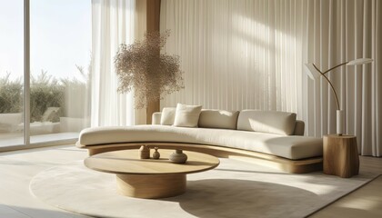 Wall Mural - A serene and modern living room with a beige sofa, round coffee table, and natural light filtering through sheer curtains, AI generated