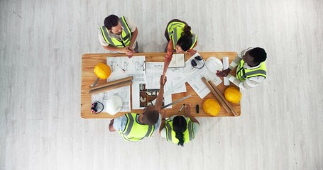 Aufkleber - Above, architecture and people with handshake for teamwork, building design and contract at space. Engineers, partnership deal or blueprint in office for investment, urban development or construction